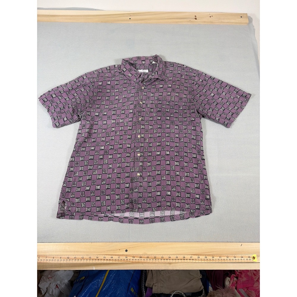 VtgBurma Bibas Mens Purple Geometric Silk Short Sleeve Button Down Shirt Large
